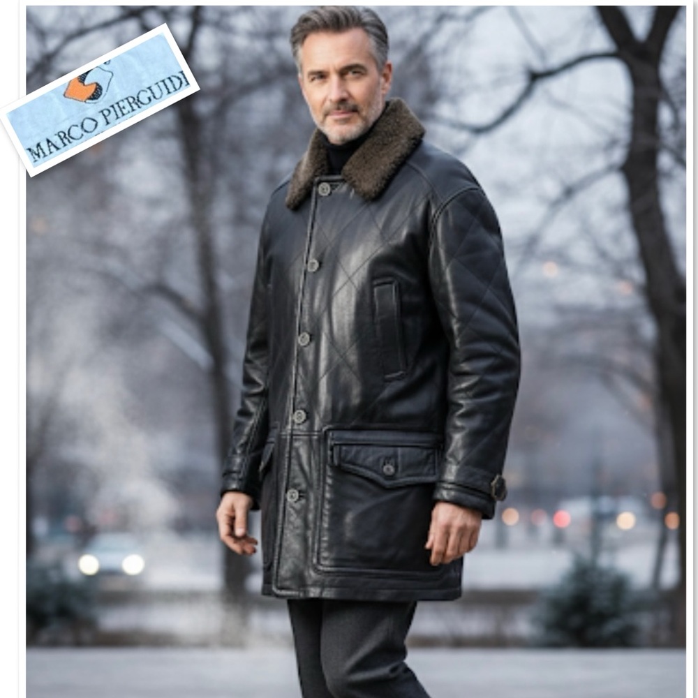 Marco Pierguidi Black Leather Car Coat Jacket Removable Fur Collar Wool Lining